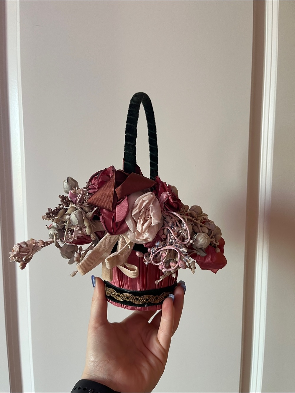 Vintage Floral Ribbon Basket Centerpiece Pink Rose Decorative Arrangement